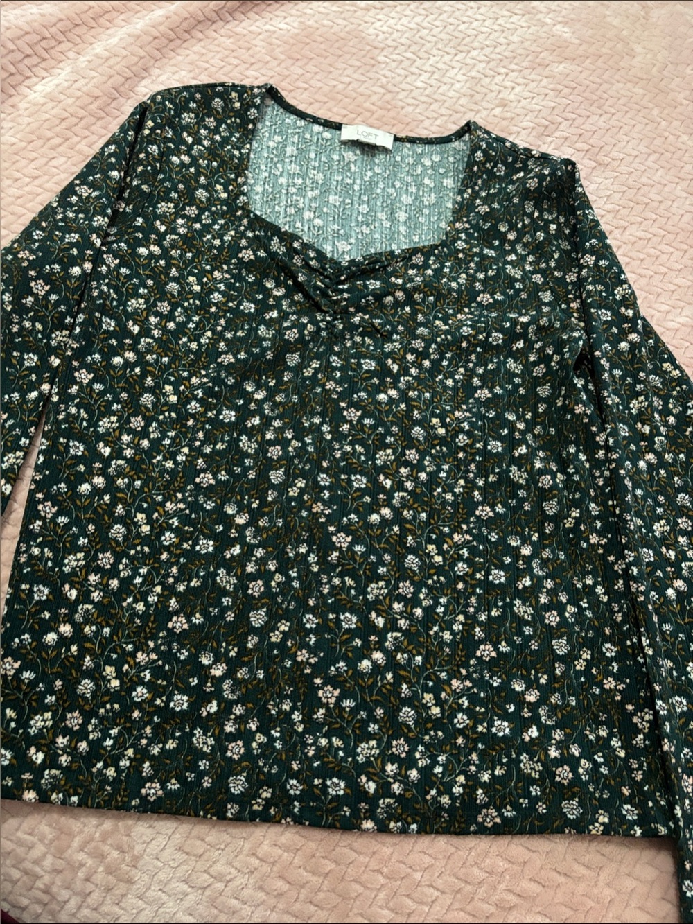 LOFT Dark Green Floral Long-Sleeve Top